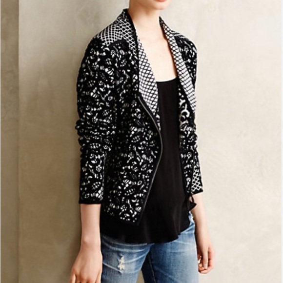 Anthropologie Moth Size S Black Jacquard Asymmetrical Moto Zip Lace Jacket - Picture 2 of 11